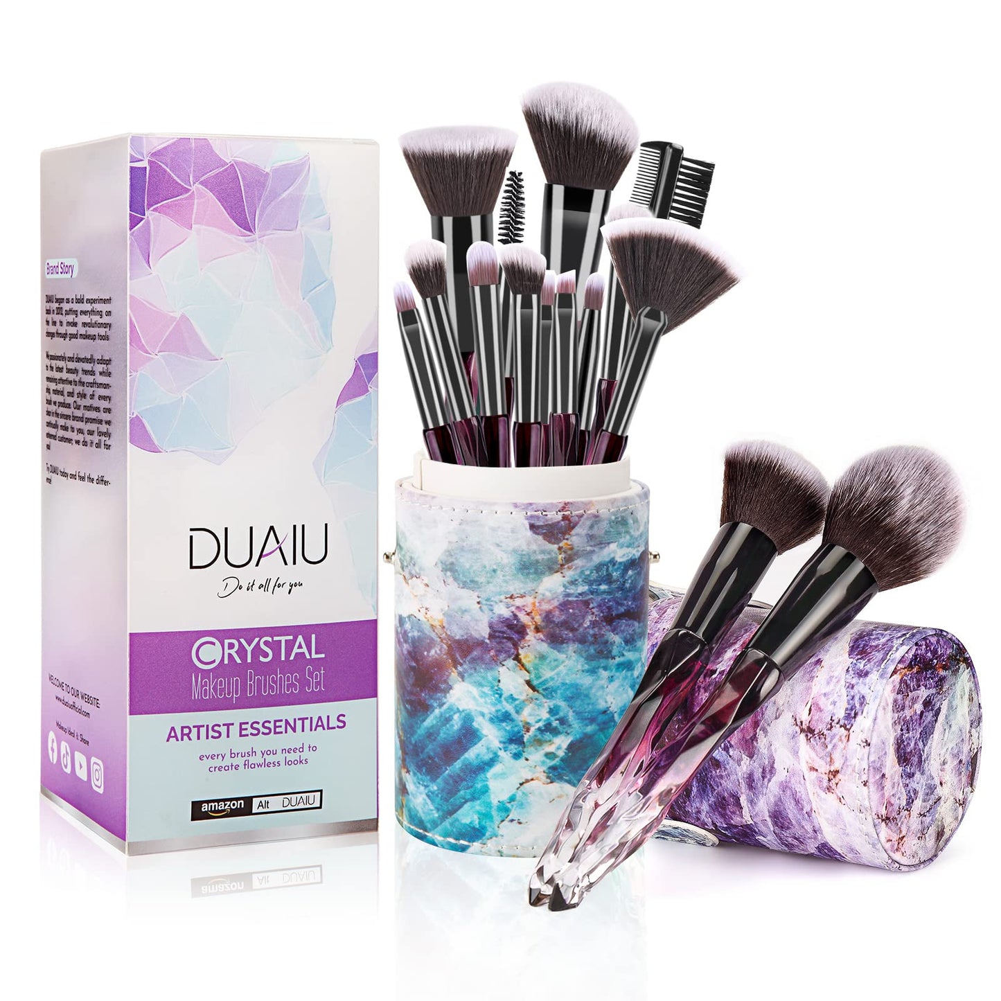 DUAIU Crystal Makeup Brushes 15pc Set with Gift Box (Purple)